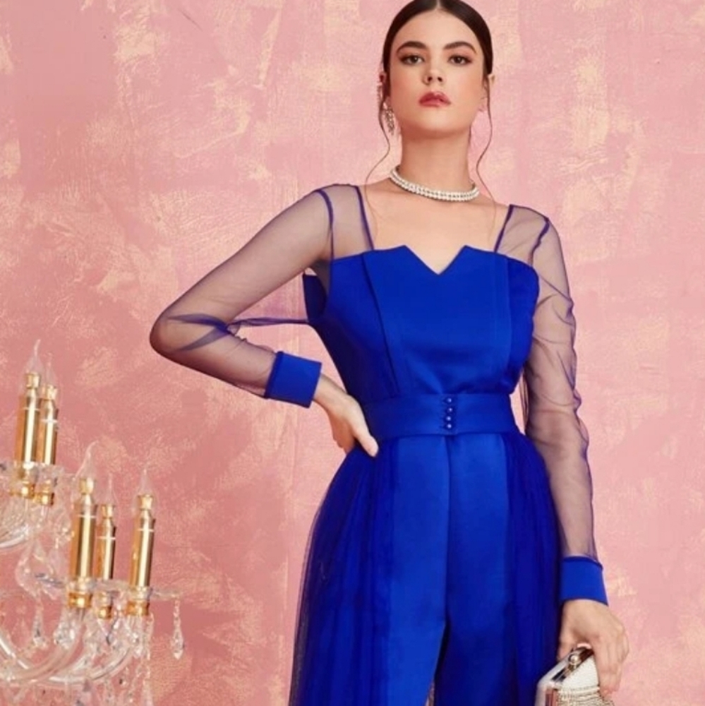 SHEIN Modely Notch Neck Mesh Panel Pearl Detail Corset Jumpsuit With Skirt